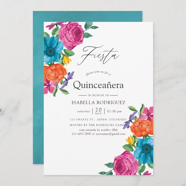 Aquarellblütenfiesta Quinceñera Einladung (Vorne/Hinten)