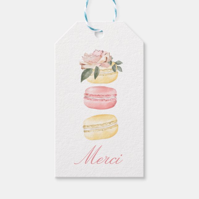 Aquarellblütengelber Macaron Merci/Vielen Dank Geschenkanhänger (Vorderseite)