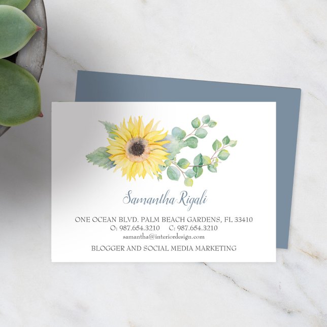 Aquarellblütengeschäft Grüne Eukalyptus Begleitkarte (Sunflower and eucalyptus business cards watercolor art by Victoria Grigaliunas)