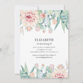 Aquarellblütenkaktus. Baby Mädchen. Kindergeburtst Einladung