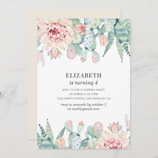 Aquarellblütenkaktus. Baby Mädchen. Kindergeburtst Einladung (Vorne/Hinten)