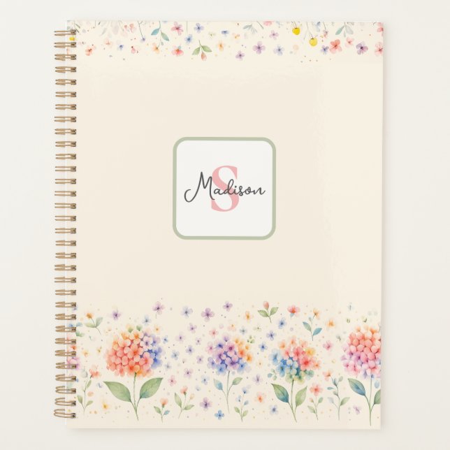 Aquarellblütenmonogramm — pastellfarbene Blüten Planer (Vorderseite)