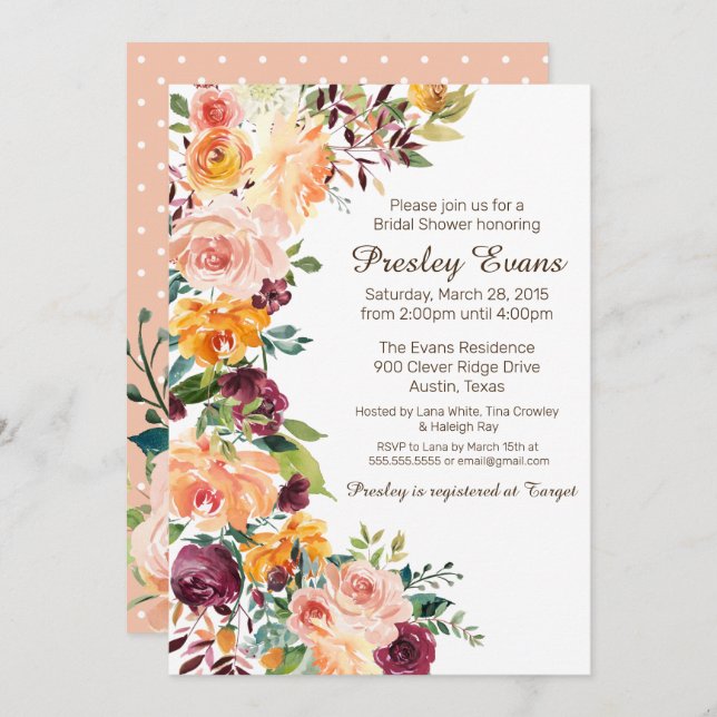 Aquarellblütenpfirsich Orangefarbene Rose Brautpar Einladung (Vorne/Hinten)