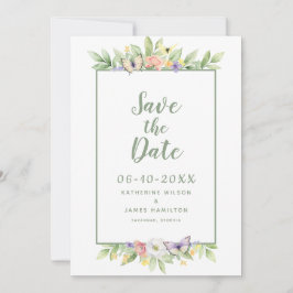 Aquarellblütenschmetterling Elegant Hochzeit Grün Save The Date