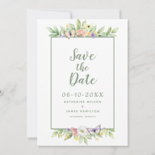 Aquarellblütenschmetterling Elegant Hochzeit Grün Save The Date