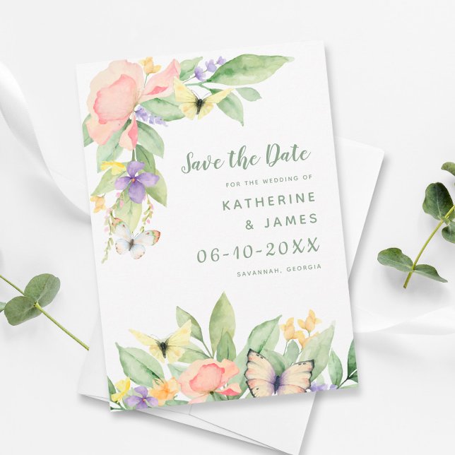Aquarellblütenschmetterling Elegant Hochzeit Grün Save The Date (Watercolor Floral Butterfly Elegant Wedding Green Save The Date)