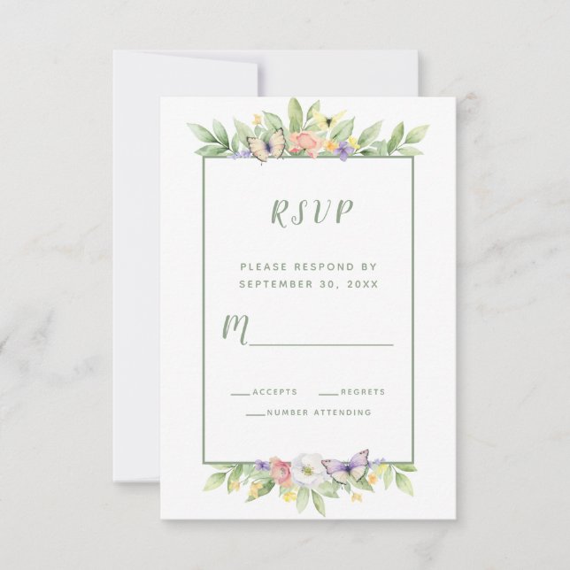 Aquarellblütenschmetterlinge Hochzeitsszenarien RSVP Karte (Vorderseite)