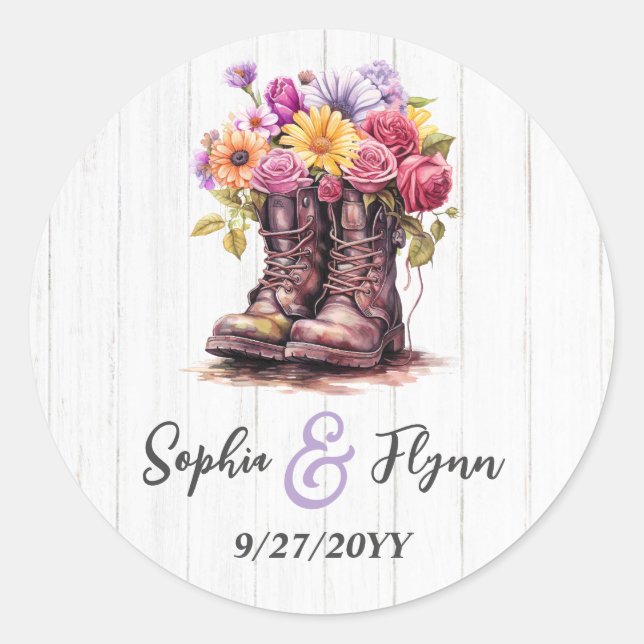 Aquarellblütenstiefel und Holzhochzeiten Runder Aufkleber (Vorderseite)
