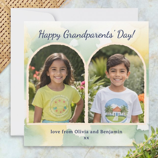 Aquarellbogen 2 Fotos Grandeliertagskarte (An elegant card with 'Happy Grandparents' Day' greeting and 2 custom photos in arch-shaped 'frames')