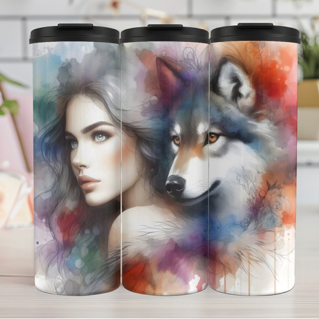 Aquarellbond: Frau und Wolf Thermosbecher (Von Creator hochgeladen)