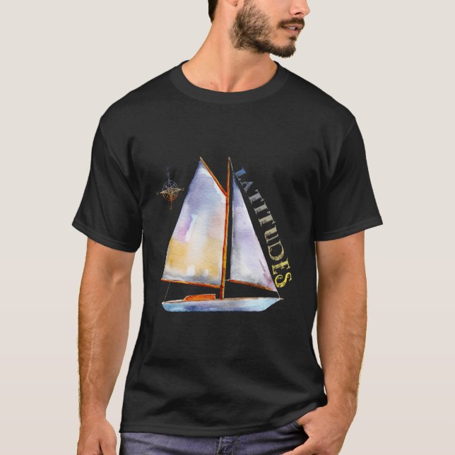 Aquarellboot mit Kompass und Latitudes Sai T-Shirt (Vorderseite)