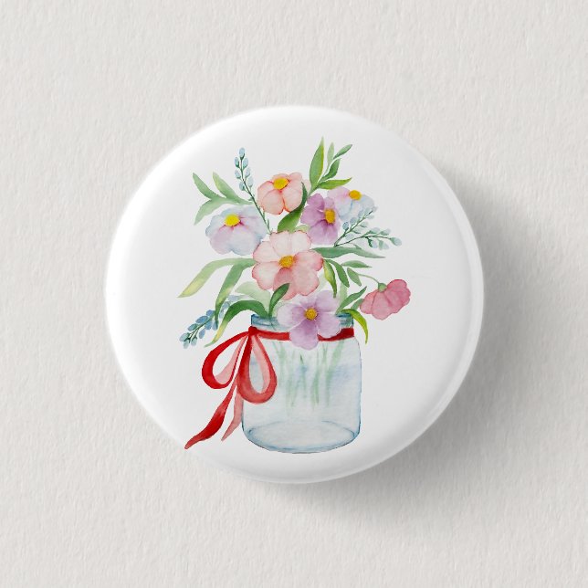Aquarellbouquet aus Blume in einer Vase mit Rippe Button (Vorderseite)