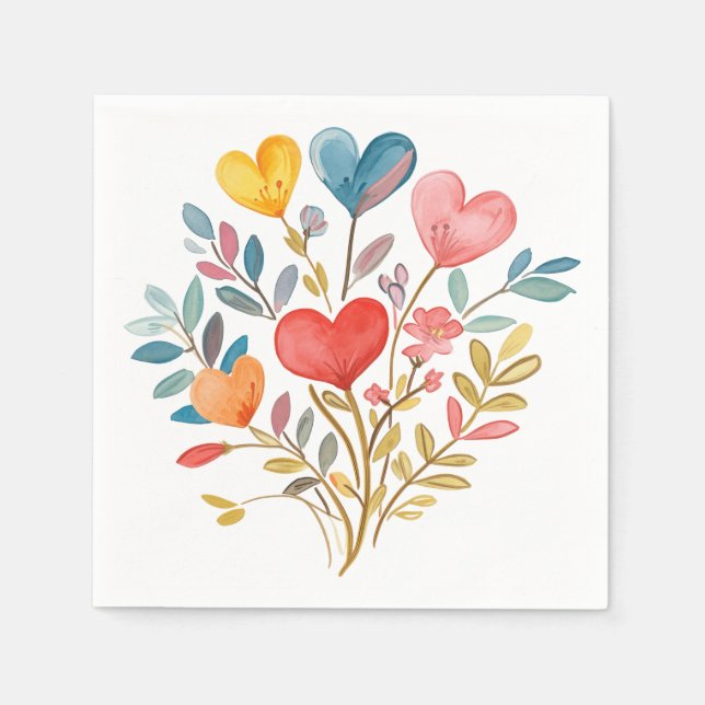 Aquarellbouquet mit Herz und Blätter Serviette (Vorderseite)