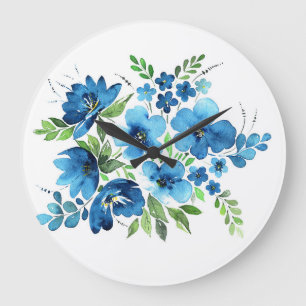 Aquarellbouquet, zarte Blüten in hellblau. Große Wanduhr