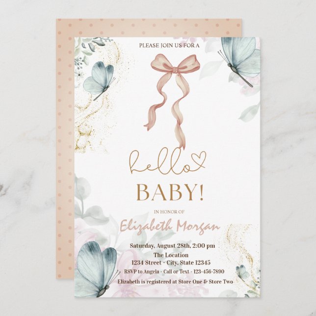 Aquarellbow Blue Butterfly Dots Baby Dusche Einladung (Vorne/Hinten)