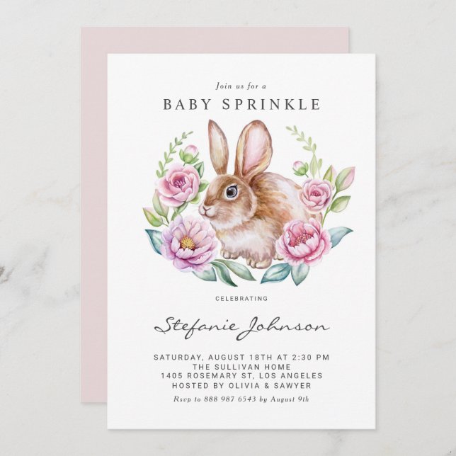 Aquarellbraun Bunny and Pink Blume Baby Sprinkle Einladung (Vorne/Hinten)
