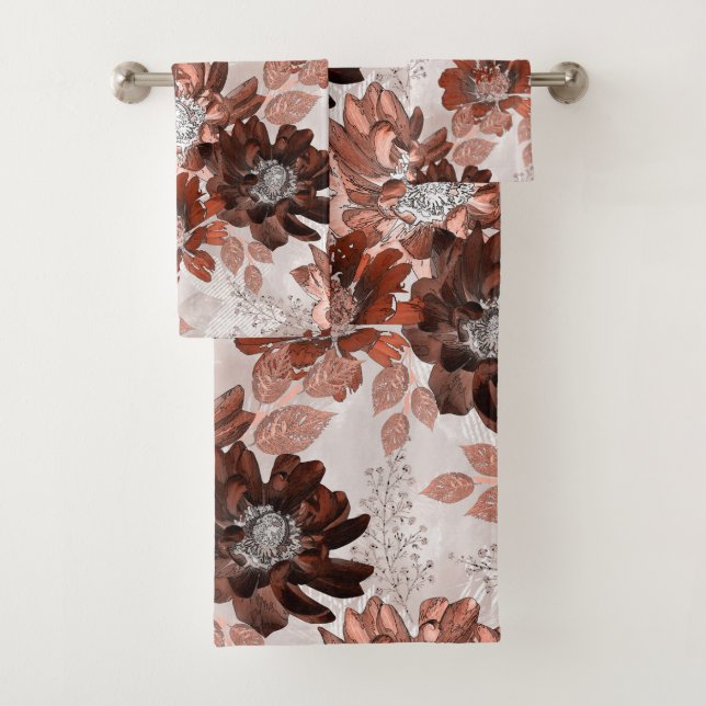 Aquarellbraun graues Blumenmuster. Badhandtuch Set (Insitu)