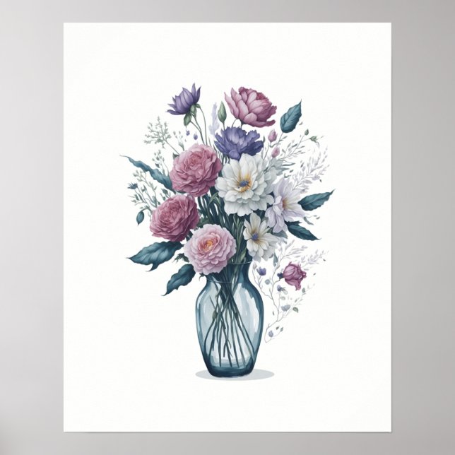 Aquarellbraut von Blume in Glasvase Poster (Vorne)