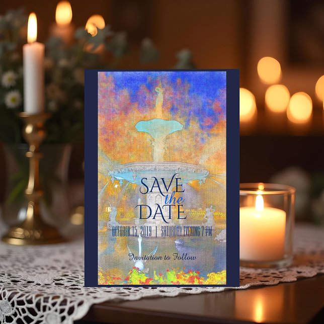 Aquarellbrunnen im nächtlichen Foto Save the Date Ankündigungspostkarte (Von Creator hochgeladen)