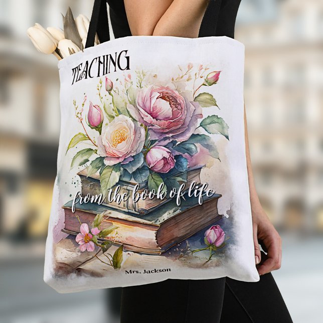 Aquarellbücher Elegante Lehrer (Tote bag featuring a fine art watercolor painting of books with roses - teacher - book club)