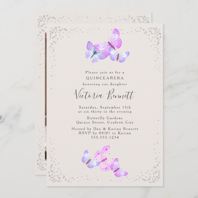 Aquarellbutterfisch Portrait Foto Quinceanera Einladung (Vorne/Hinten)