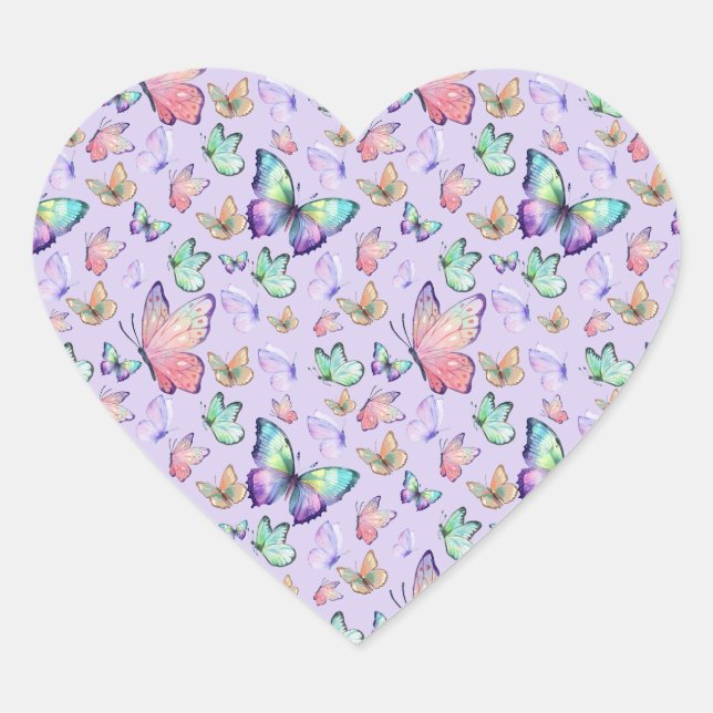 Aquarellbutterfische Nahtlose Muster Lila Herz-Aufkleber (Vorderseite)