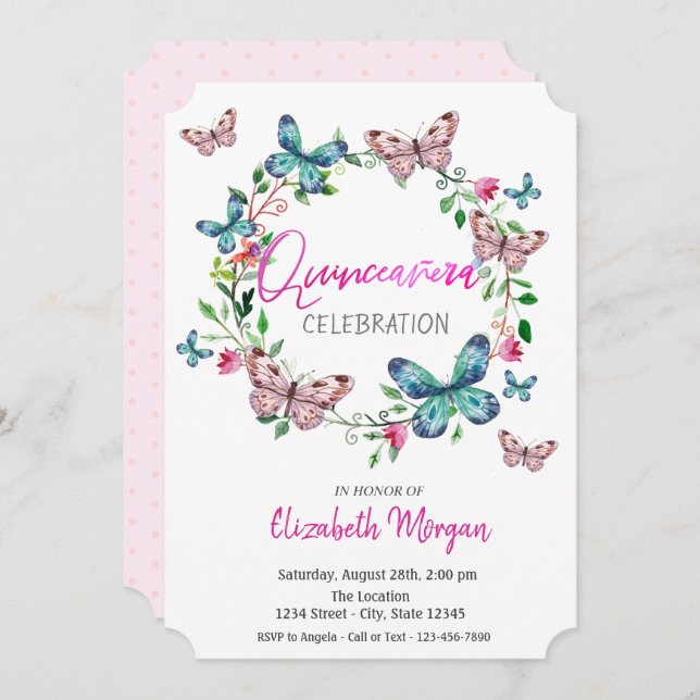 Aquarellbutterfische Rosa Punkte Quinceanera Einladung (Vorne/Hinten)
