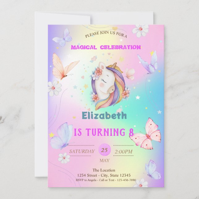 Aquarellbutterfliegen Unicorn Holographic Einladung (Vorderseite)