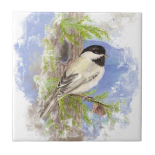 Aquarellchickadee-Vogel-Naturkunst Fliese