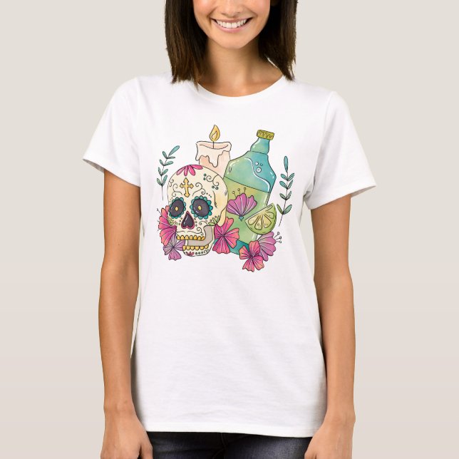 Aquarelldia de los Muertos Skull, Candle, Drink T-Shirt (Vorderseite)