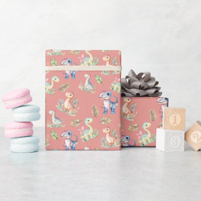 Aquarelldinosaurier auf Rosa Geschenkpapier (Babyparty)