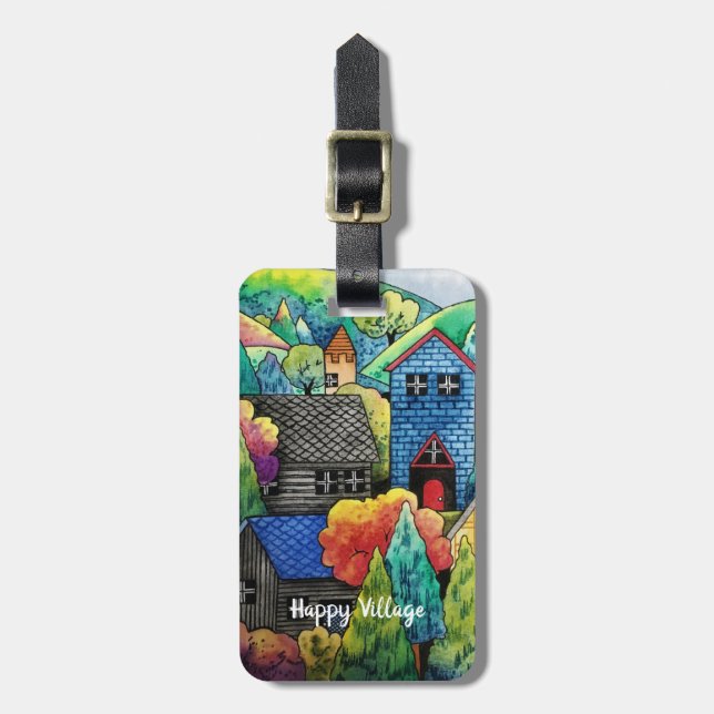 Aquarelldorf mit bunten Häusern Gepäckanhänger (Vorderseite vertikal)