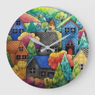 Aquarelldorf mit bunten Häusern Große Wanduhr