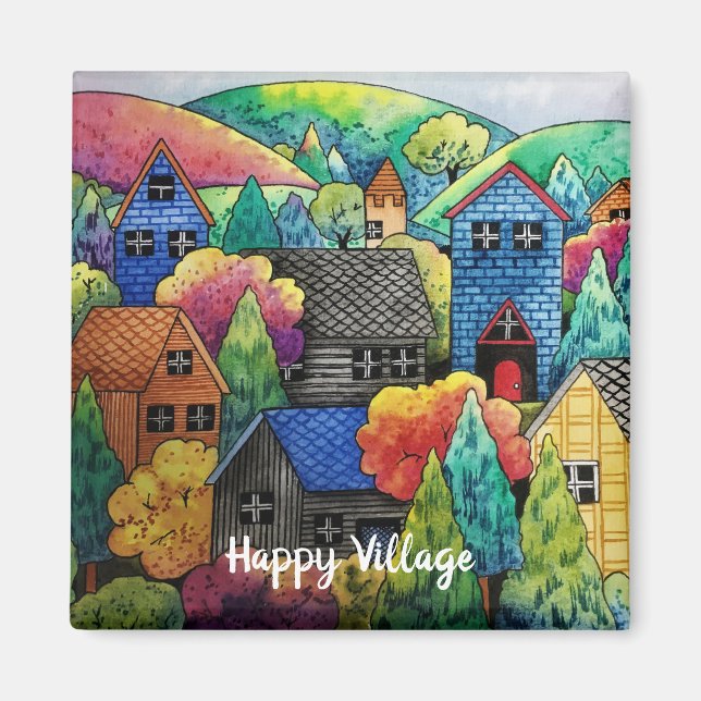 Aquarelldorf mit bunten Häusern Magnet (Vorne)