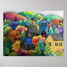 Aquarelldorf mit bunten Häusern Poster
