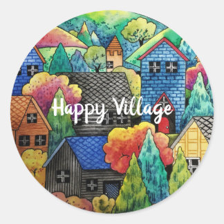 Aquarelldorf mit bunten Häusern Runder Aufkleber