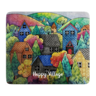 Aquarelldorf mit bunten Häusern Schneidebrett