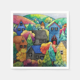 Aquarelldorf mit bunten Häusern Serviette