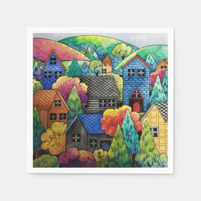 Aquarelldorf mit bunten Häusern Serviette (Vorderseite)