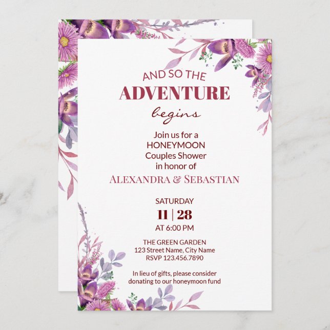 Aquarelldusche Blume Flitterwochen Einladung (Vorne/Hinten)