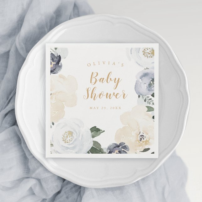 Aquarelldusche Blütendusche Serviette (watercolor dusty blue floral baby shower napkins)