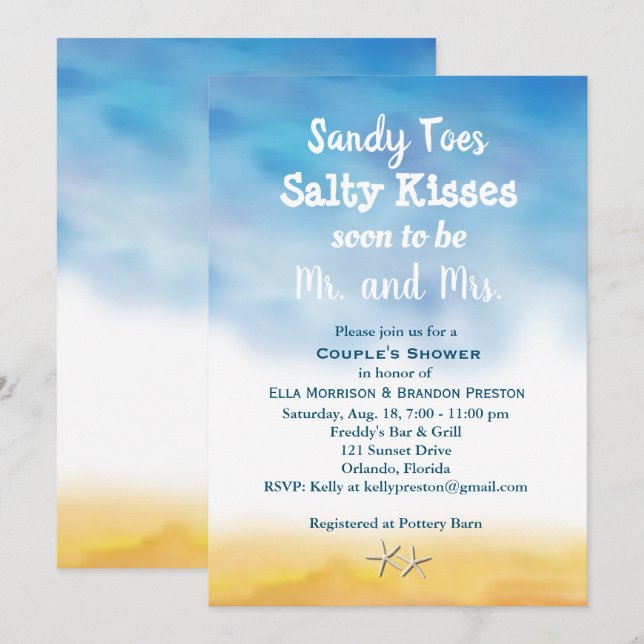 Aquarelldusche Sandy Toes Couple - Himmel & Sand Einladung (Vorne/Hinten)