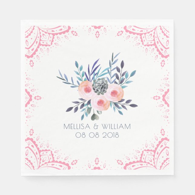 Aquarelle BlumenBouquet und rosa Rahmen Serviette (Vorderseite)