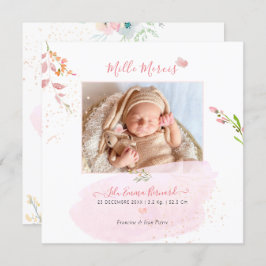 Aquarelle Fleurs Remerciation Naissance Fille Einladung