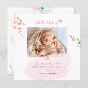 Aquarelle Fleurs Remerciation Naissance Fille Einladung