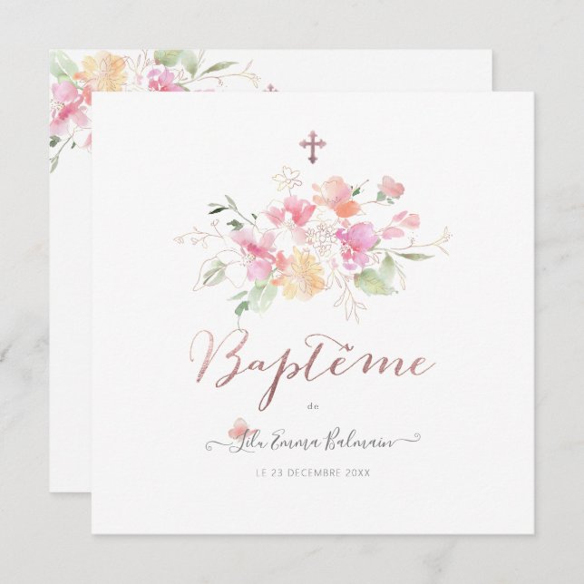 Aquarelle Fluers de Pois Faire part de Baptême Einladung (Vorne/Hinten)