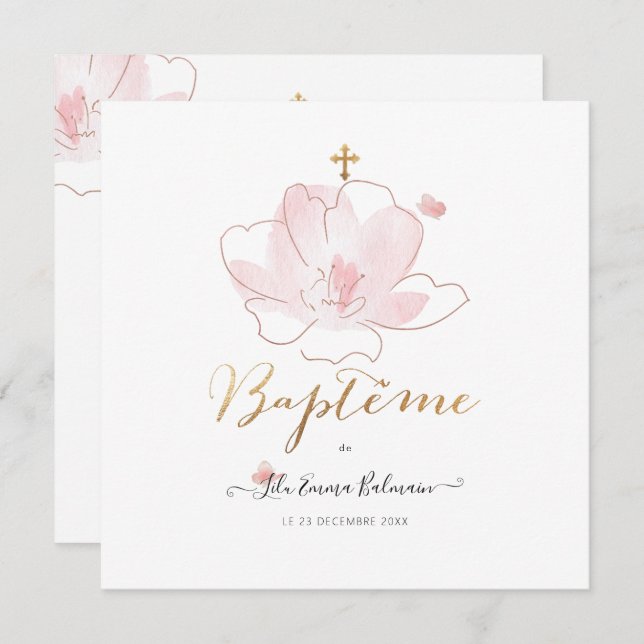 Aquarelle Les Fluers Faire part de Baptême Einladung (Vorne/Hinten)