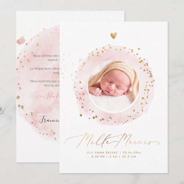 Aquarelle Remerciement Naissance Fille Einladung (Vorne/Hinten)