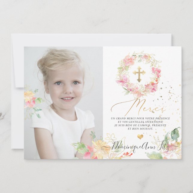 Aquarelle Rougissant Remerciements - Bapteme Fille Einladung (Vorderseite)