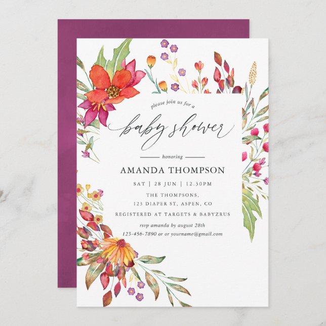 Aquarelle Wild Blume Kinderdusche Einladung (Vorne/Hinten)